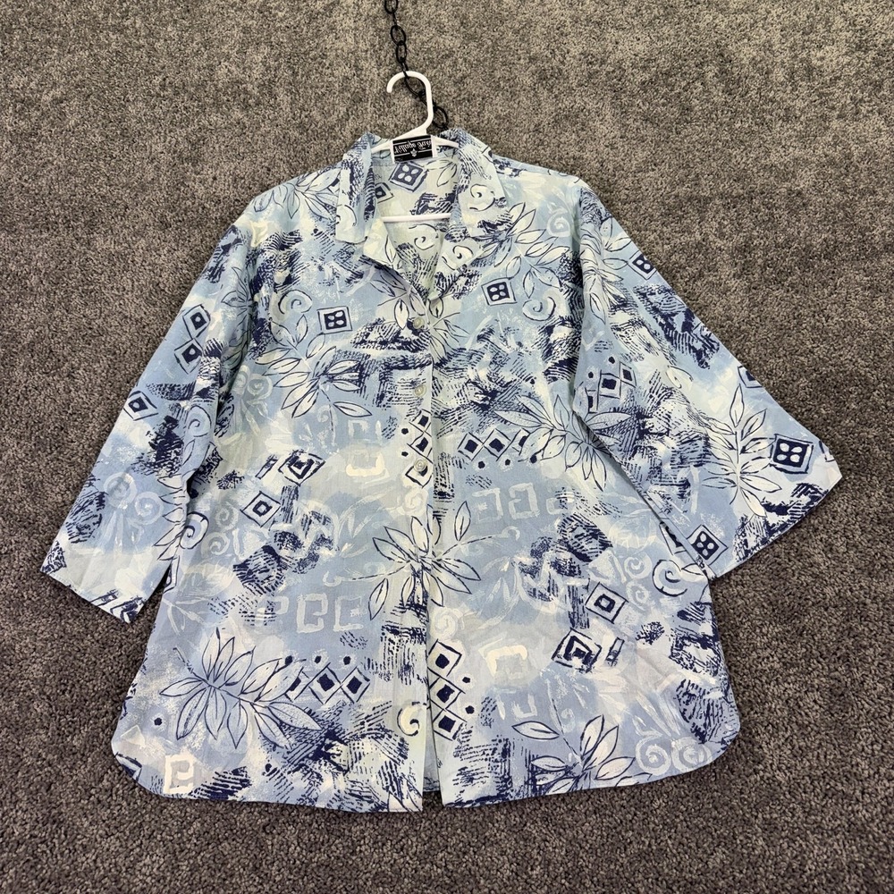 Village Fair Shirt Womens XL Blue Floral 3/4 Sleeve Button Tunic Casual